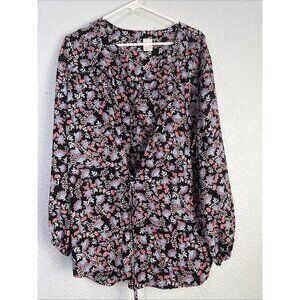 Terra Sky Top Womens 2X Black Floral Peasant Tunic Cinch Waist‎ Cuff Sleeve Boho